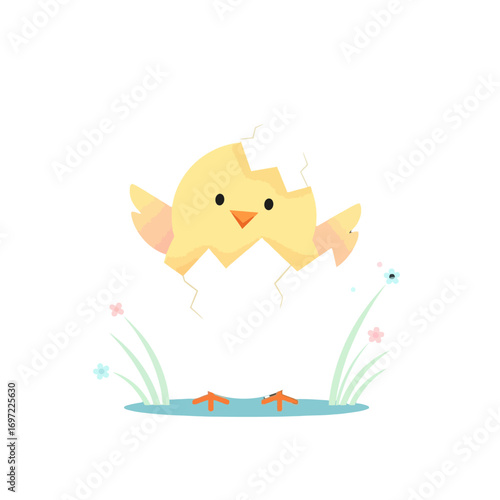Cute cartoon chick hatching from an egg, surrounded by grass and flowers in a playful scene