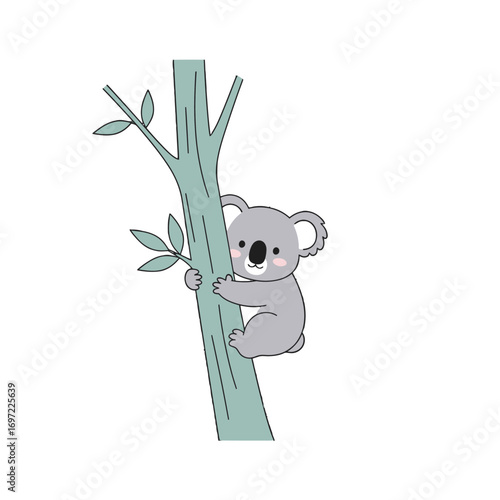Cute koala bear clinging to a tree trunk with leaves, set against a plain white background