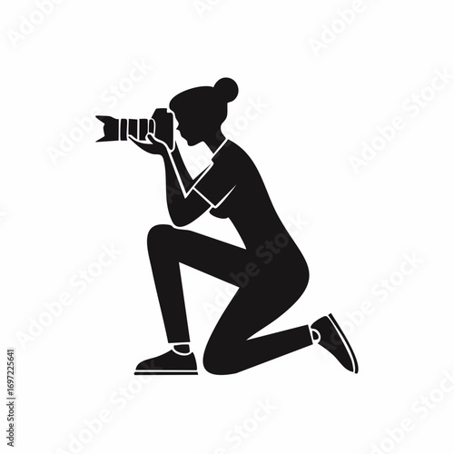 Female photographer silhouette kneeling with camera, capturing moments, creative photography hobby, professional shoot