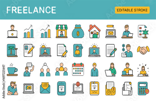 Collection of freelance work icons representing various aspects of remote employment, including business, finance, and lifestyle