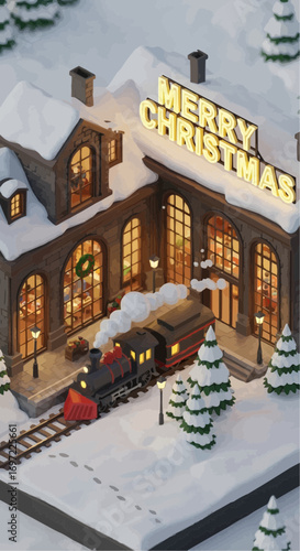 Explore christmas train station scene with snow covered trees and merry christmas sign for holiday cheer vector