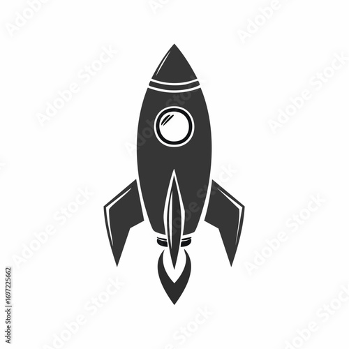 Black and white rocket icon illustration taking off, symbolizing startup launch, business success, and space travel progress
