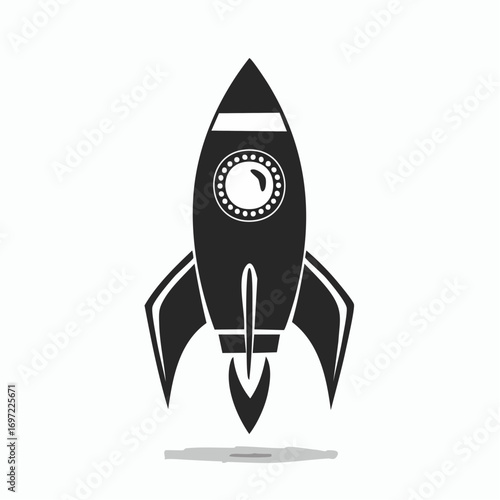 Black and white rocket ship soaring upwards against a clean white backdrop, symbolizing space exploration and technological advancement.