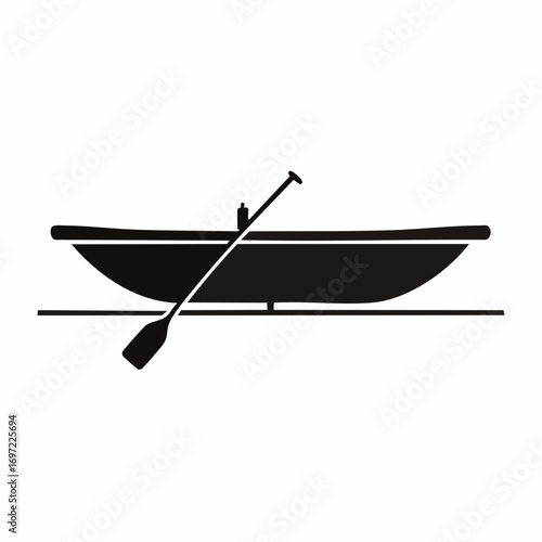 Simple Black Silhouette of Rowboat Floating on Calm Lake Water