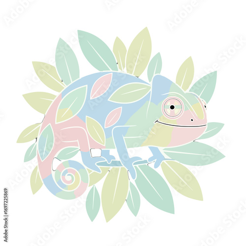 Colorful chameleon perched among pastel leaves, showcasing vibrant colors in a serene setting