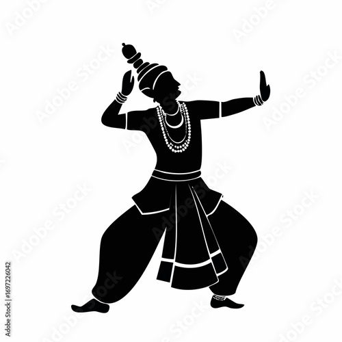 Silhouette of classical Indian dancer performing a traditional Bharatanatyam pose on a white stage, showcasing cultural heritage and artistic expression.