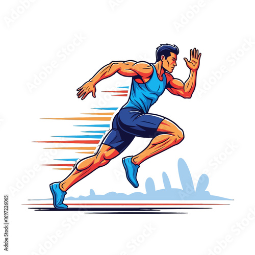 Dynamic illustration of a male runner sprinting with motion lines in a vibrant urban setting