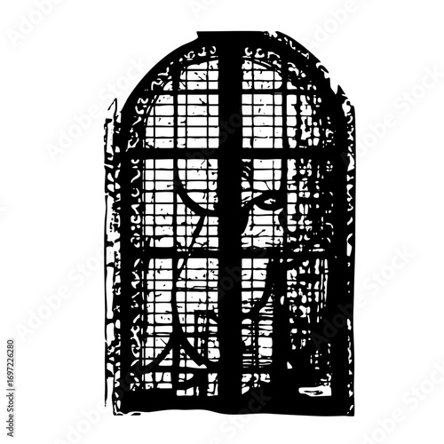 Vector Intricate arched window with geometric panes.