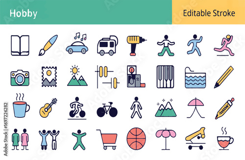 Set of hobby and leisure icons representing diverse activities and interests for recreation and free time, in a colorful and modern design