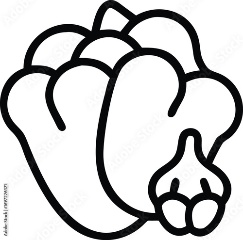 Minimal line art icon of capsicum, broccoli, and eggplant combined into a single abstract vegetable shape, simple vector outline.