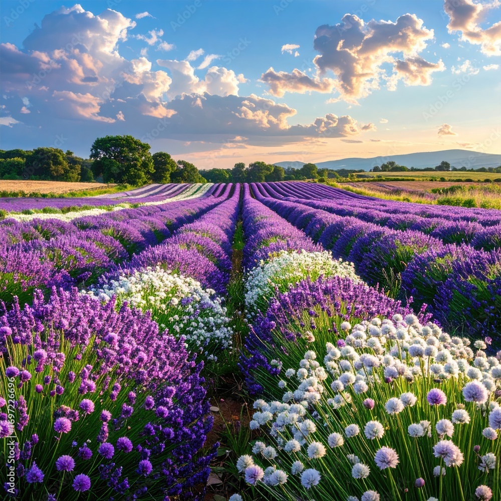 Fototapeta premium Lavender field at sunset, vibrant colors (1)