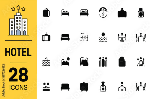 28 Hotel Service Icons Accommodation, Lodging, Building & Luggage Graphics