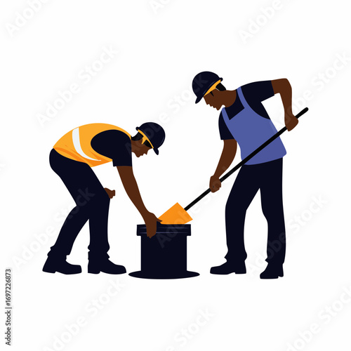 Two workers forging molten metal in a workshop, showcasing teamwork and skilled labor in a hot and demanding industrial environment.