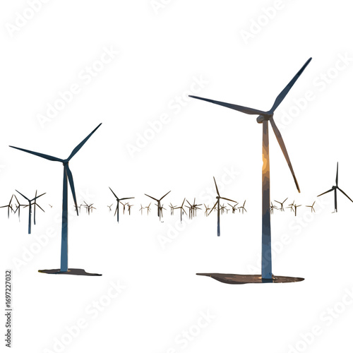 Wind turbines standing tall against a bright sky, showcasing renewable energy in a vast landscape