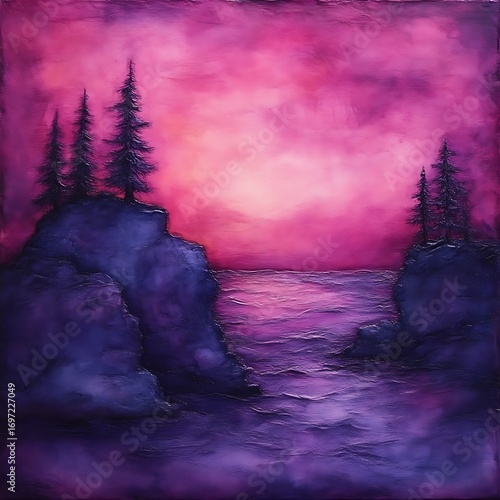 A vibrant, textured landscape painting depicts craggy, dark purple/indigo rocks framing a tranquil, magenta-pink sunset over a placid body of water