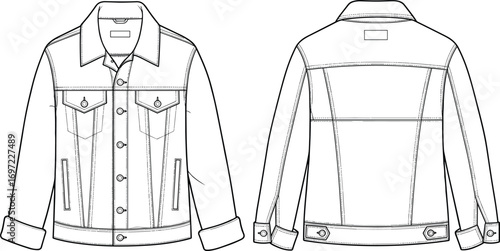 Denim jacket, fashion illustration, technical sketch, front and back view, garment design, apparel template, clothing blueprint, outerwear concept, stylish layer