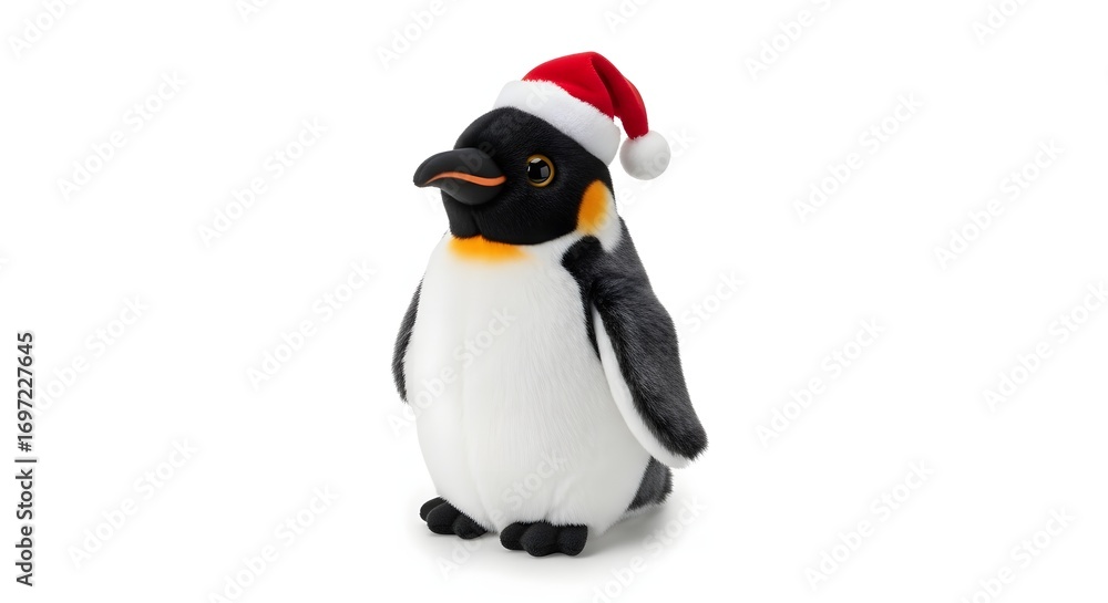 Obraz premium Adorable plush penguin soft toy wearing a festive red Christmas Santa hat, isolated on a clean white studio background