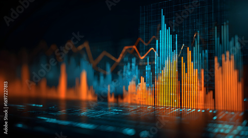 Growing bar graph and line graph showing increasing statistics