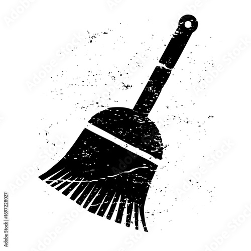 Vector Black silhouette of a cleaning broom with a distressed texture.