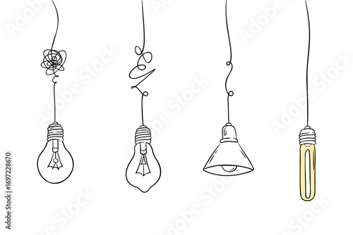 Different light bulbs with tangled and straight wires representing ideas and solutions