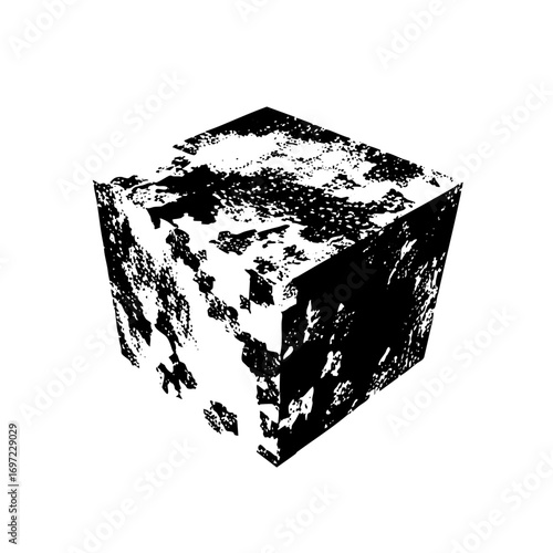 Vector Abstract fractured cube in monochrome.
