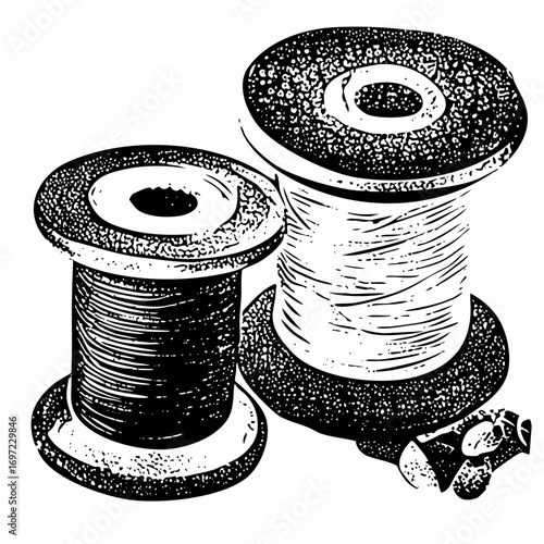 Vector Vintage thread spools with patterned textures.