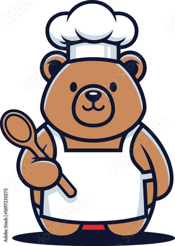 Chef Bear Holding Wooden Spoon Ready to Cook Delicious Food.