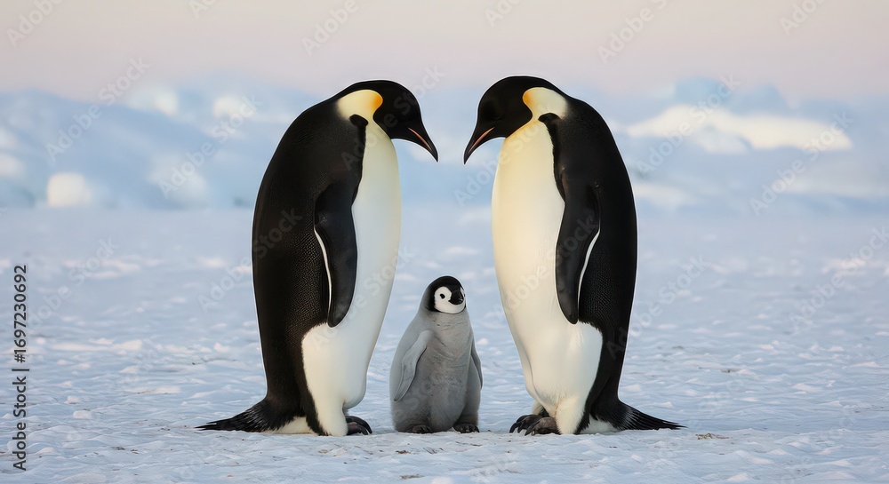 Obraz premium Emperor penguin family standing together on the snow in antarctica with icebergs in the background at sunset