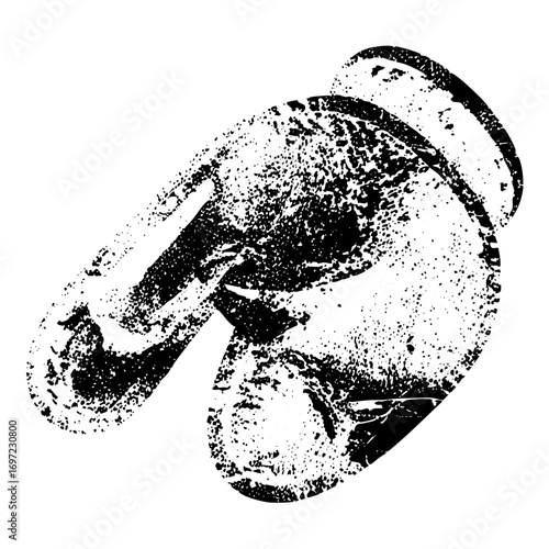 Vector Distressed emblem featuring a stylized helmet and sickle .
