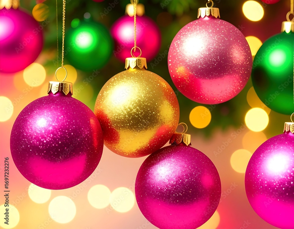 Fototapeta premium Christmas ornaments hanging, bokeh background