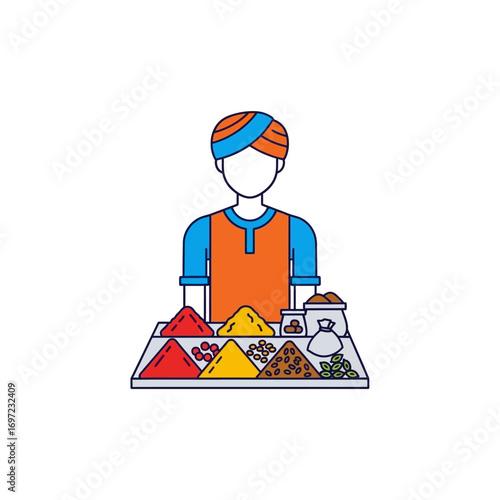Illustration of a person wearing a turban, standing behind a table of colorful spices.