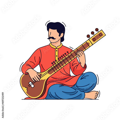 Cartoon illustration of a man playing a sitar while sitting cross-legged.