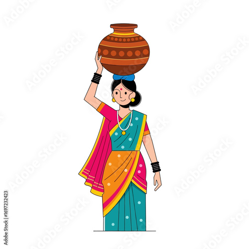 Illustration of a woman carrying a pot on her head.