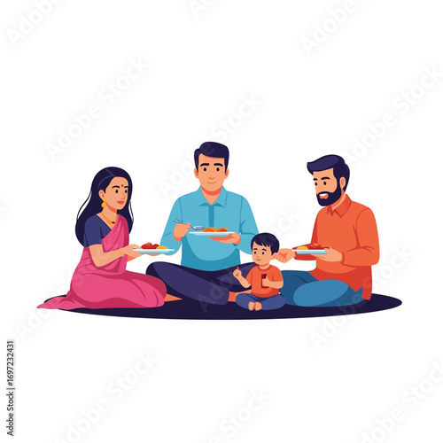 A family of four sitting together and eating a meal.