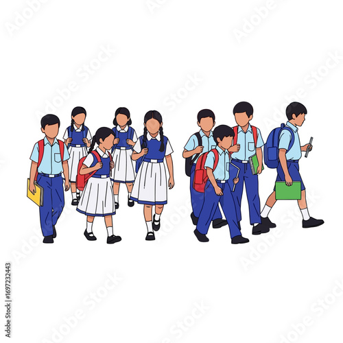 A group of children in school uniforms walking, likely to school or from school.