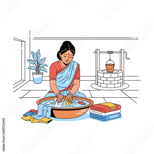 An Indian woman in a traditional sari hand-washing clothes in a basin, with a water well in the background illustration.