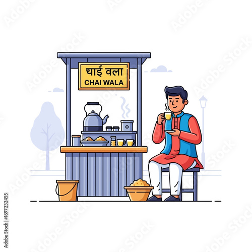 A chai wallah enjoys a cup of tea at his roadside stall, amidst a simple, park-like setting.