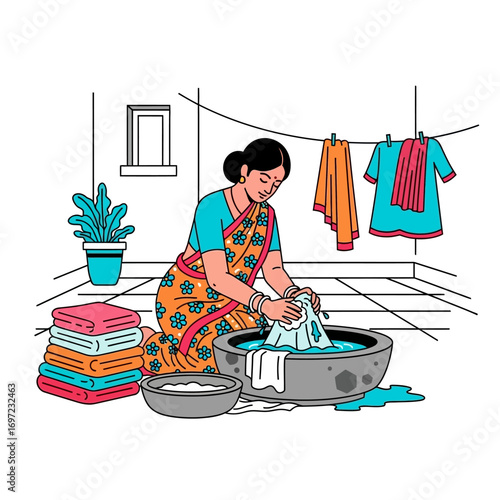 A woman in a sari hand-washes clothes in a basin, showcasing traditional Indian domestic life.