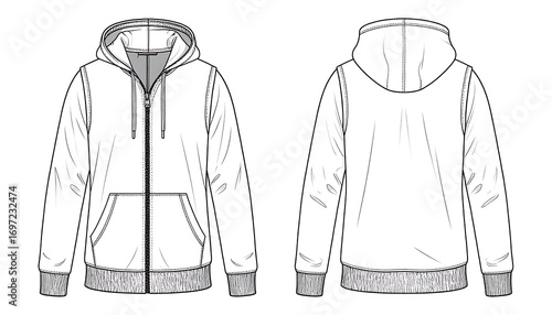 Front and back view of a zip-up hoodie