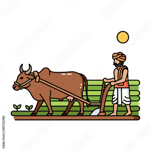 An illustration depicts a farmer plowing a field with the help of an ox, under a bright sun.
