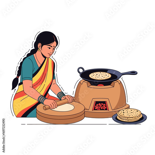 Indian woman in a sari rolling dough to make roti, with a stove and cooked roti nearby.