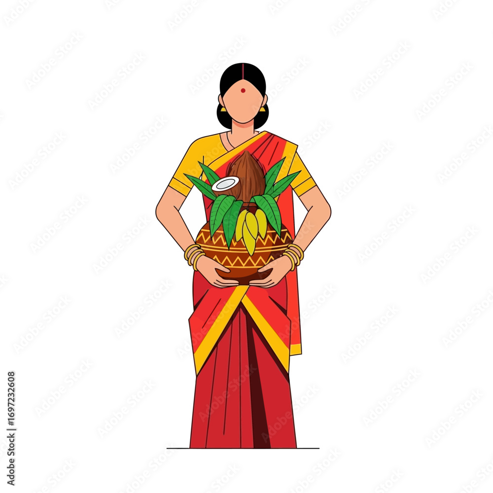 Obraz premium Illustration of a woman in a red sari holding a pot with religious items.