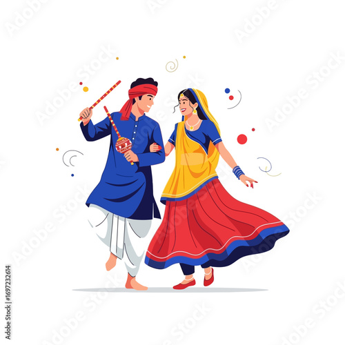 Illustration of a couple dressed in traditional Indian clothing, dancing with dandiya sticks.