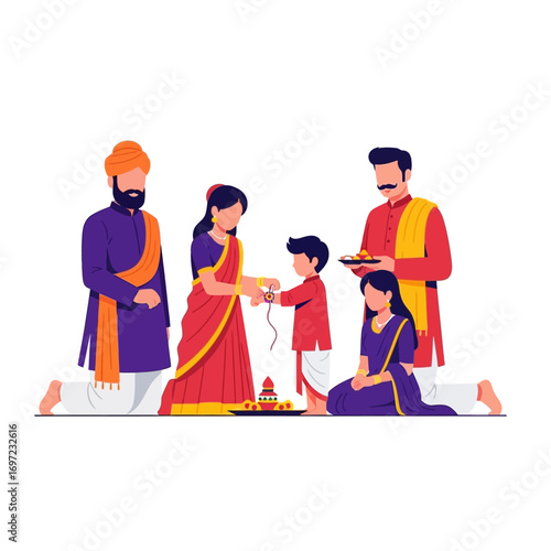 Family celebrating Raksha Bandhan, a Hindu festival, with traditional rituals.