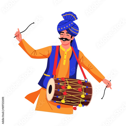 Man in traditional attire playing a dhol drum with sticks, wearing a turban and smiling.