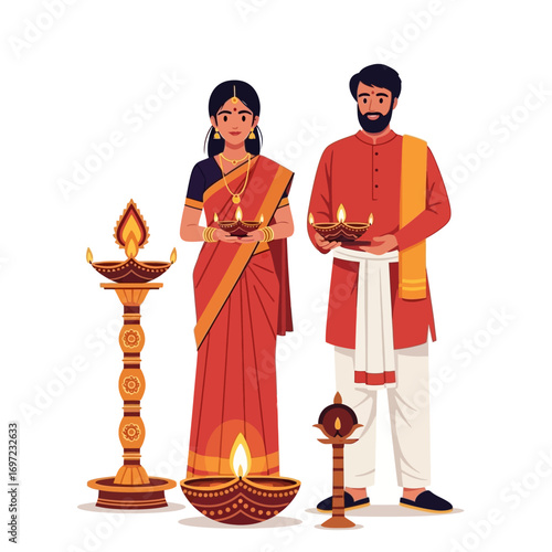 Indian couple in traditional attire holding oil lamps, celebrating a festival.
