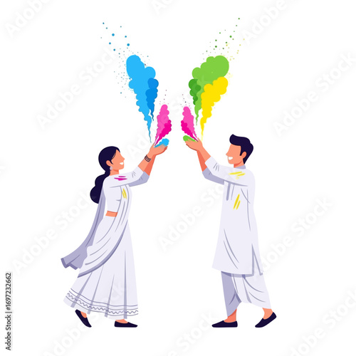 A joyful couple celebrating Holi with colorful powder.