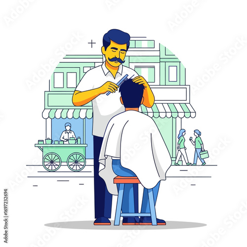 Street barber giving a haircut to a customer, amidst bustling city street life.