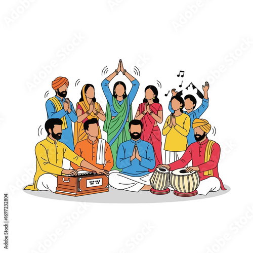 A diverse group of people in traditional attire, singing and playing instruments, expressing devotion.