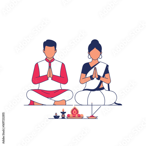 Illustration of two people in traditional Indian attire, meditating with folded hands, and a puja thali.